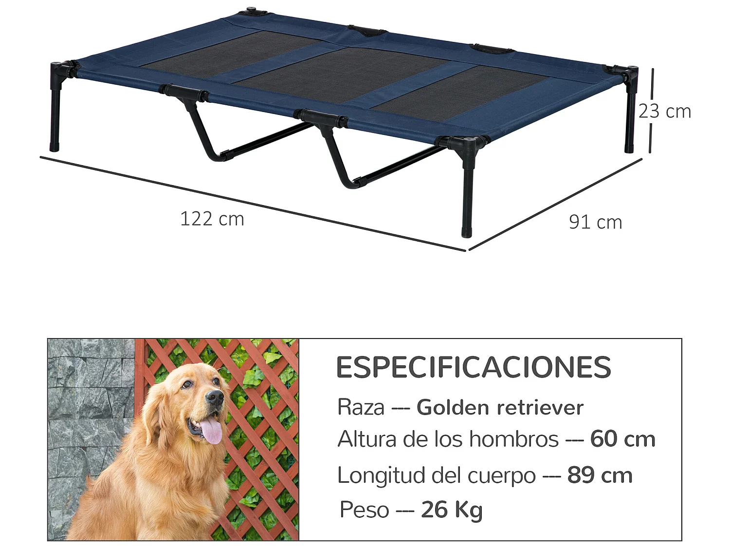 Cama elevada para perros azul 122x92x23 cm PawHut
