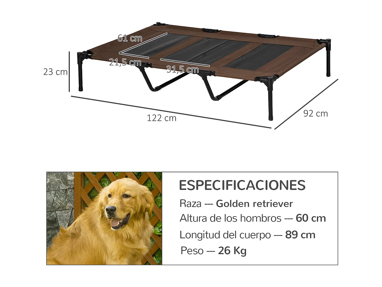 Cama elevada para perros café 122x92x23 cm PawHut