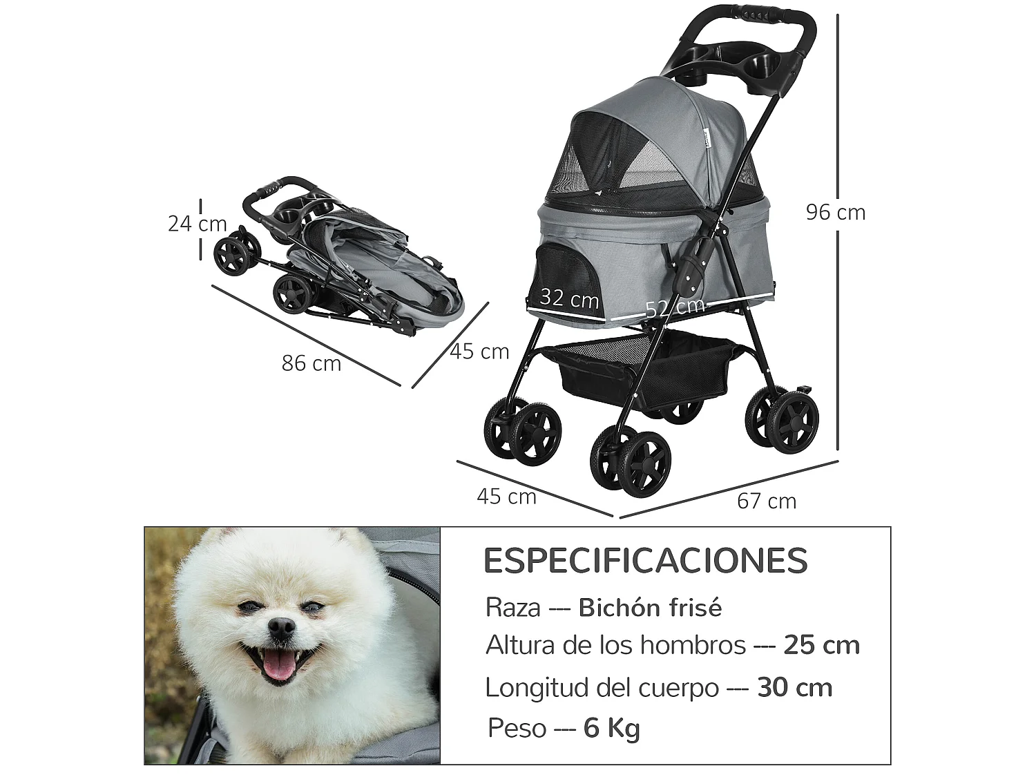 Cochecito para mascotas gris 67x45x96 cm PawHut