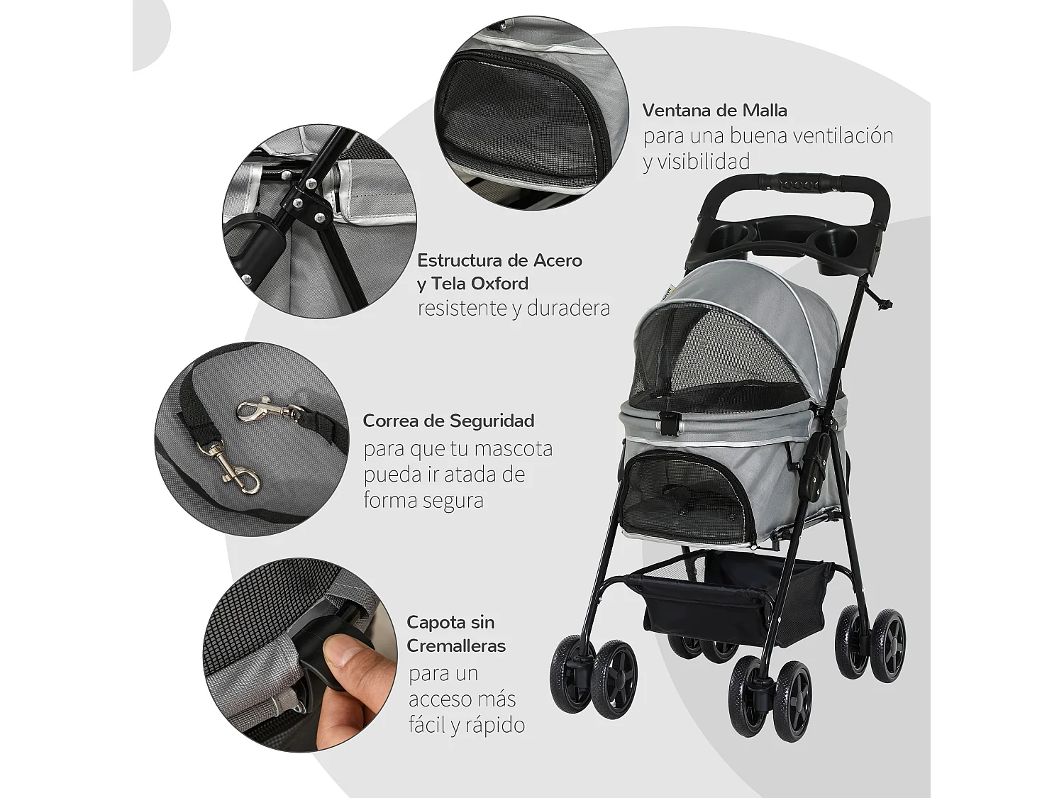 Cochecito para mascotas gris 67x45x96 cm PawHut