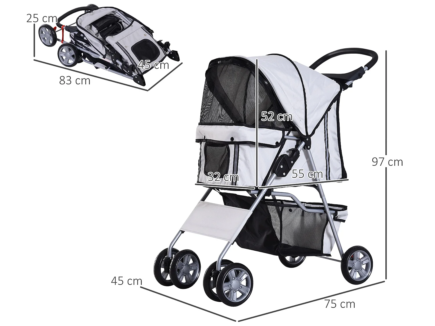 Cochecito para perro y gato gris 75x45x97 cm PawHut