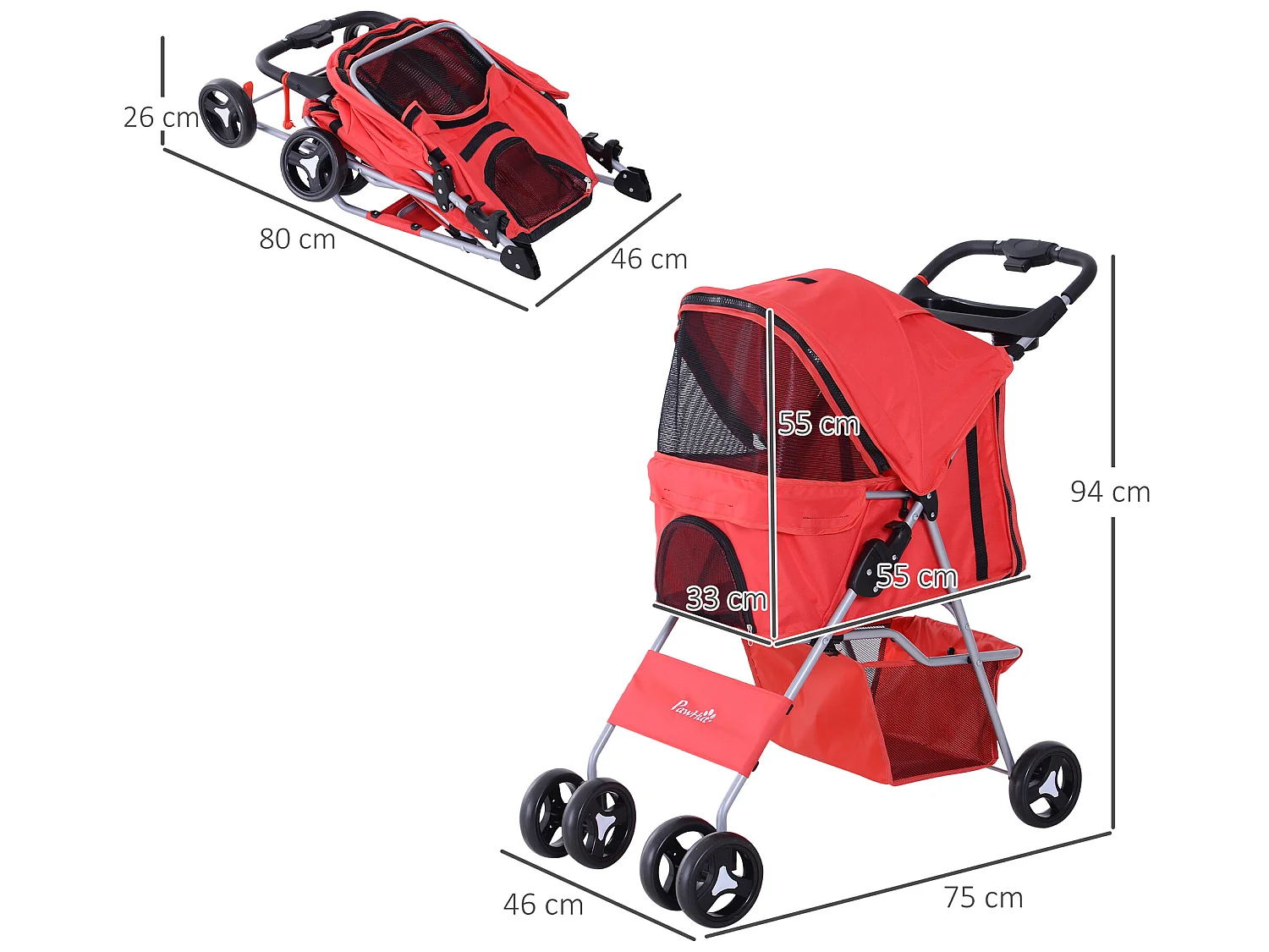 Cochecito para mascotas rojo 75x46x94 cm PawHut