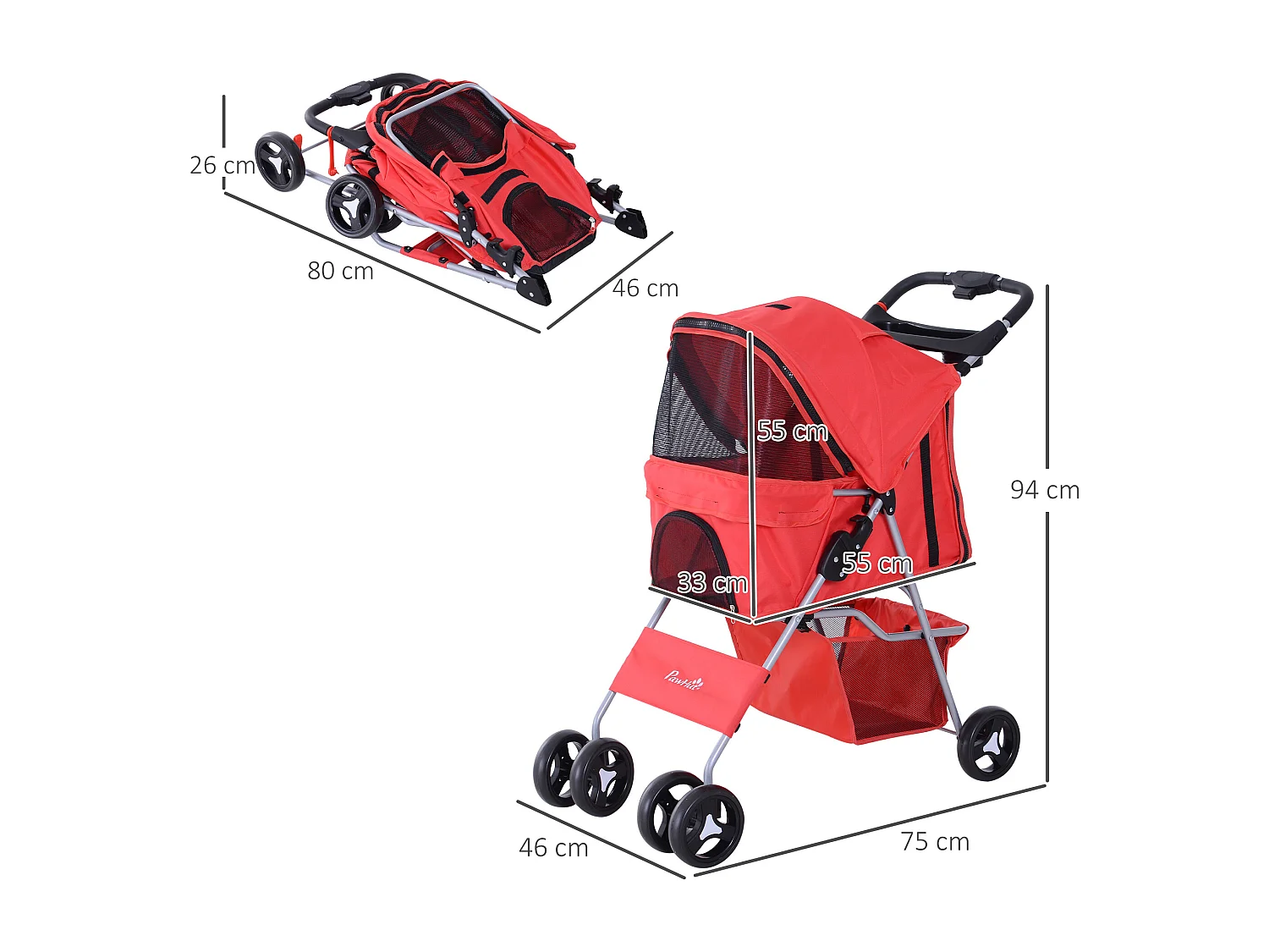 Cochecito para mascotas rojo 75x46x94 cm PawHut