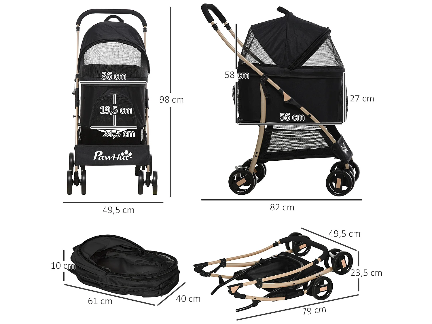 Cochecito para mascotas negro 82x49.5x98 cm PawHut