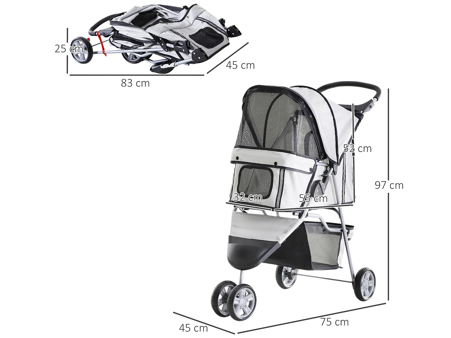 Cochecito para perro y gato gris 75x45x97 cm PawHut