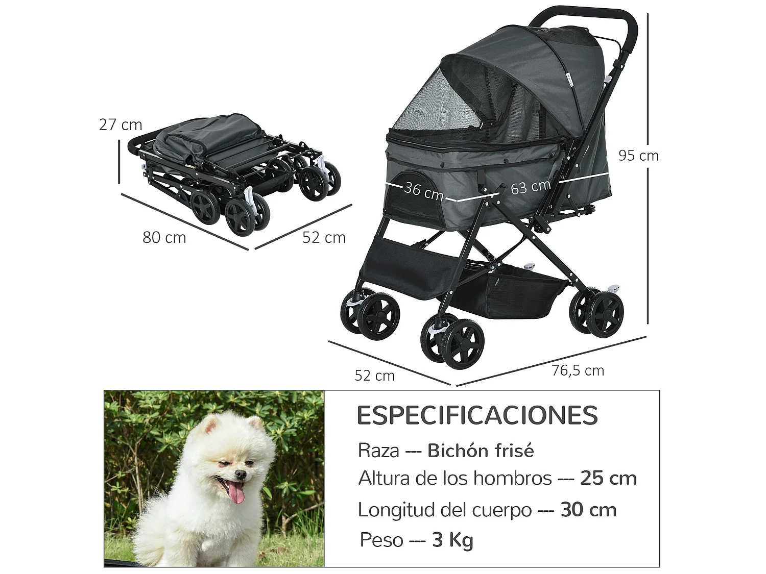Cochecito para mascotas gris 76.5x52x95 cm PawHut