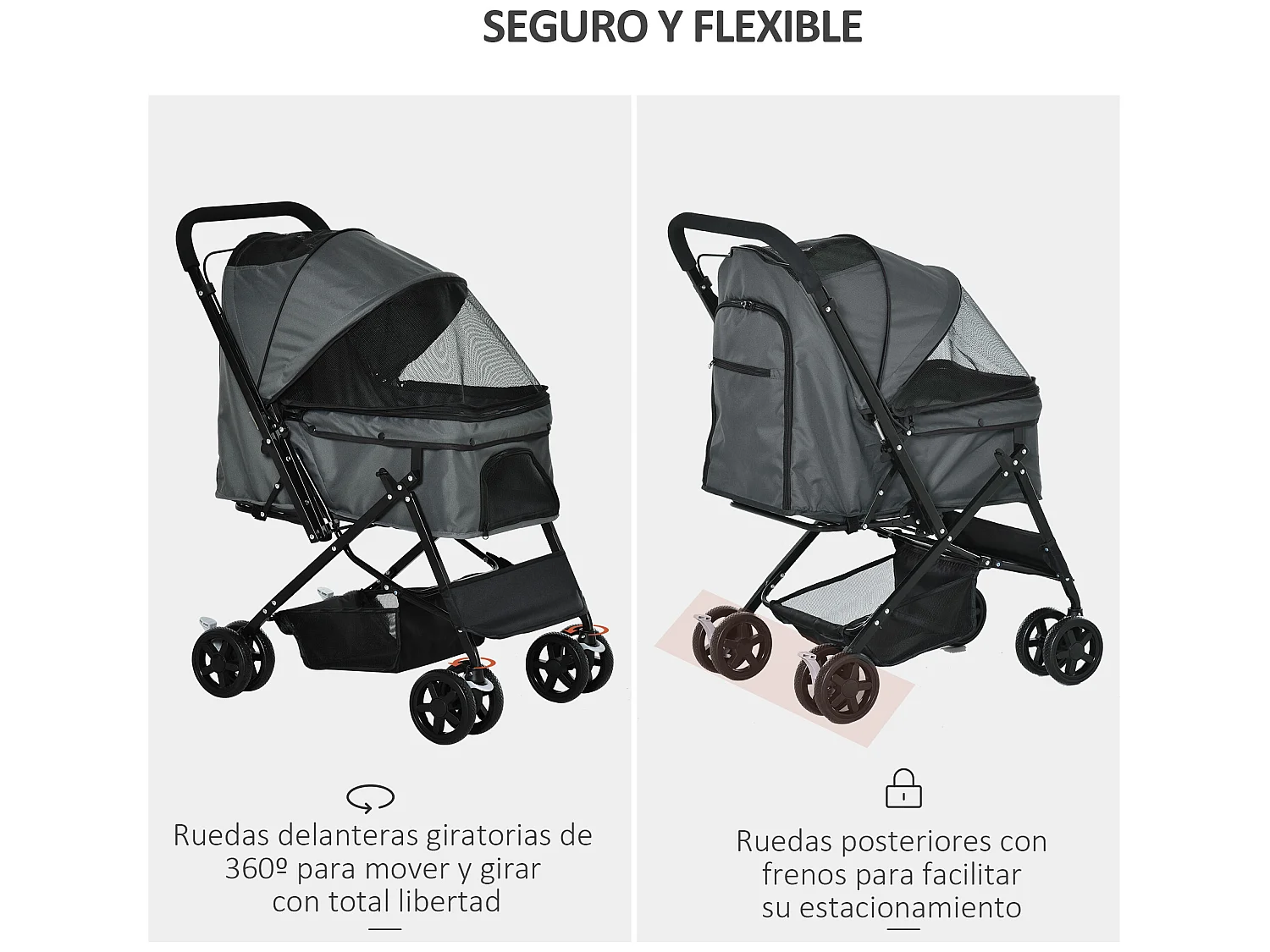 Cochecito para mascotas gris 76.5x52x95 cm PawHut