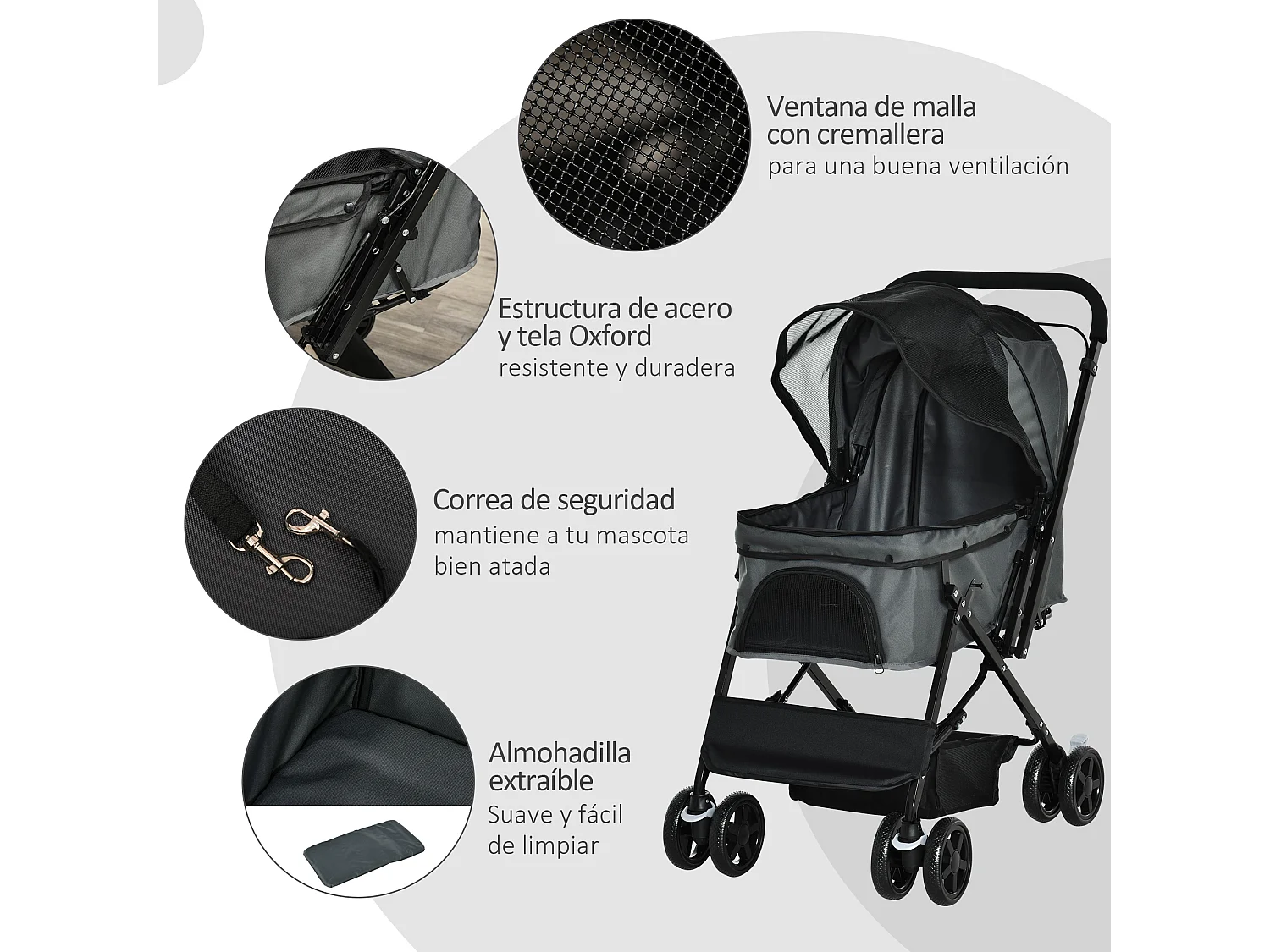 Cochecito para mascotas gris 76.5x52x95 cm PawHut