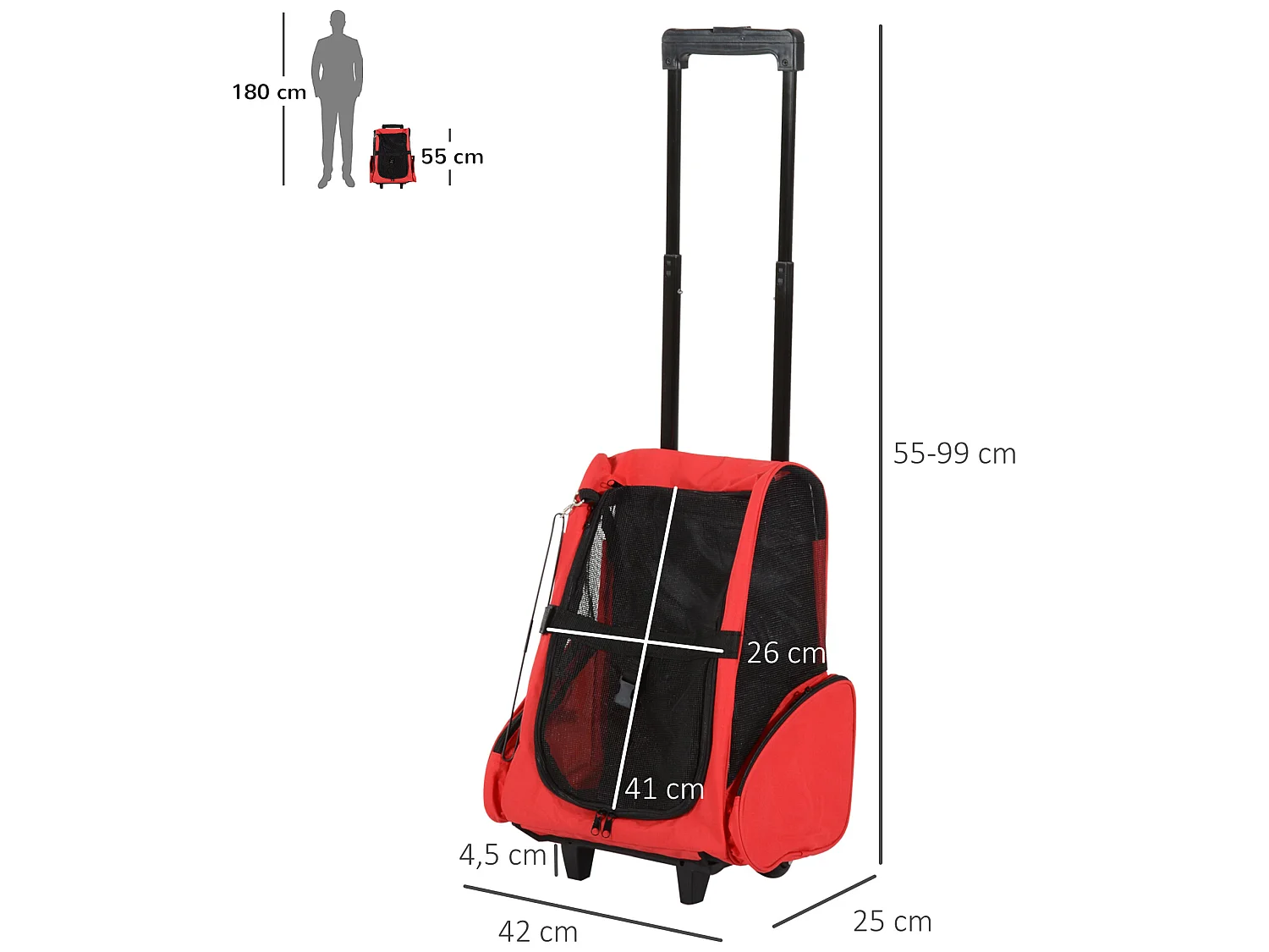 Transportín carrito para mascotas rojo 42x25x55 cm PawHut