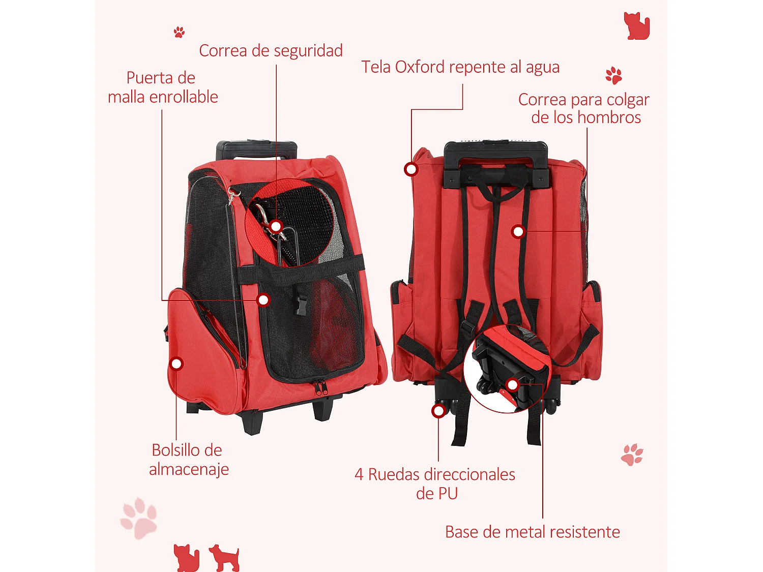 Transportín carrito para mascotas rojo 42x25x55 cm PawHut