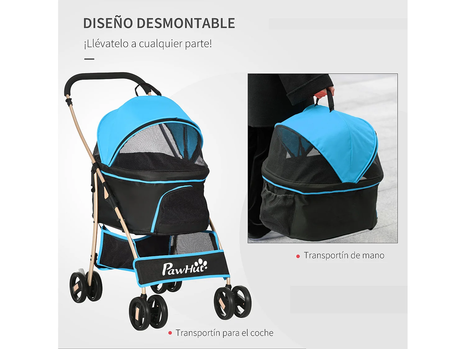 Cochecito para mascotas azul 82x49.5x98 cm PawHut