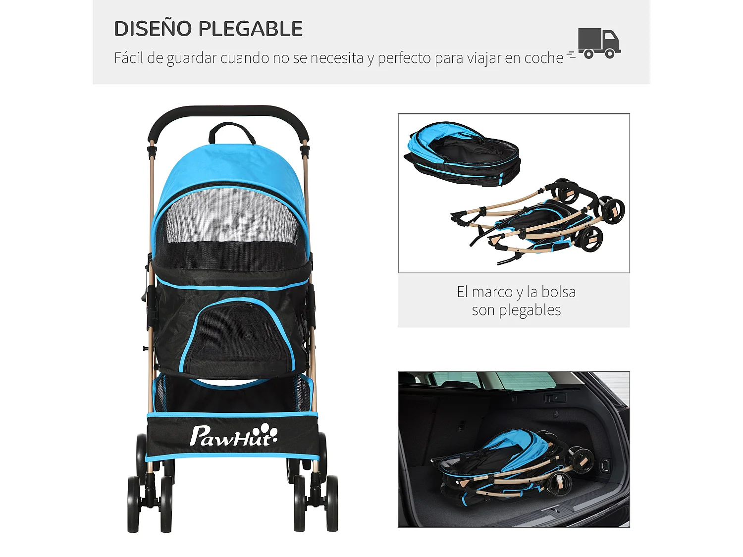 Cochecito para mascotas azul 82x49.5x98 cm PawHut