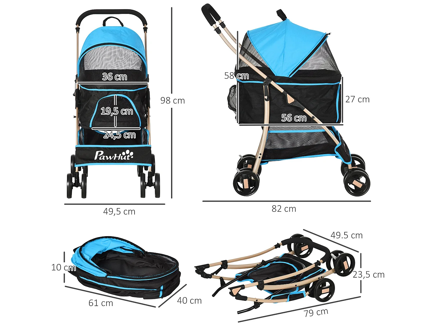 Cochecito para mascotas azul 82x49.5x98 cm PawHut