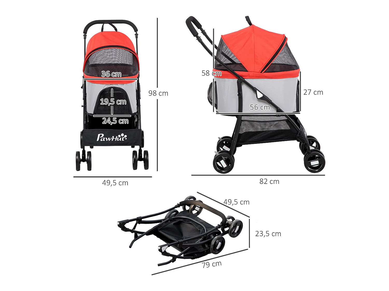 Cochecito para mascotas rojo 82x49.5x98 cm PawHut