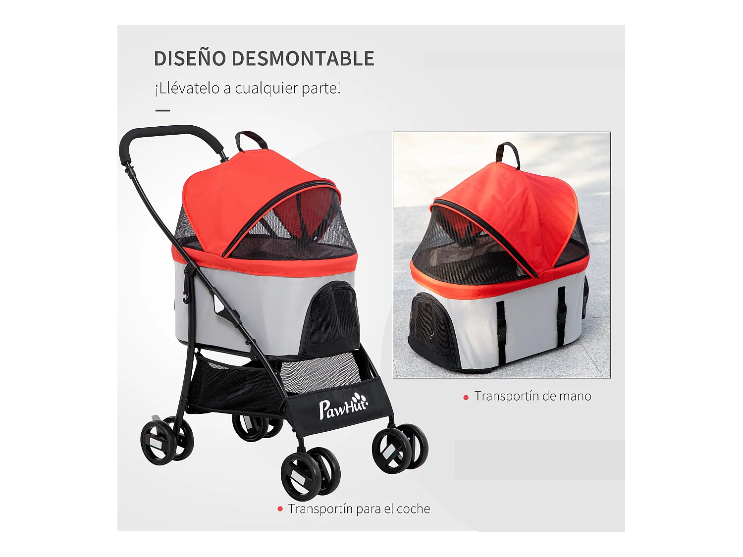 Cochecito para mascotas rojo 82x49.5x98 cm PawHut