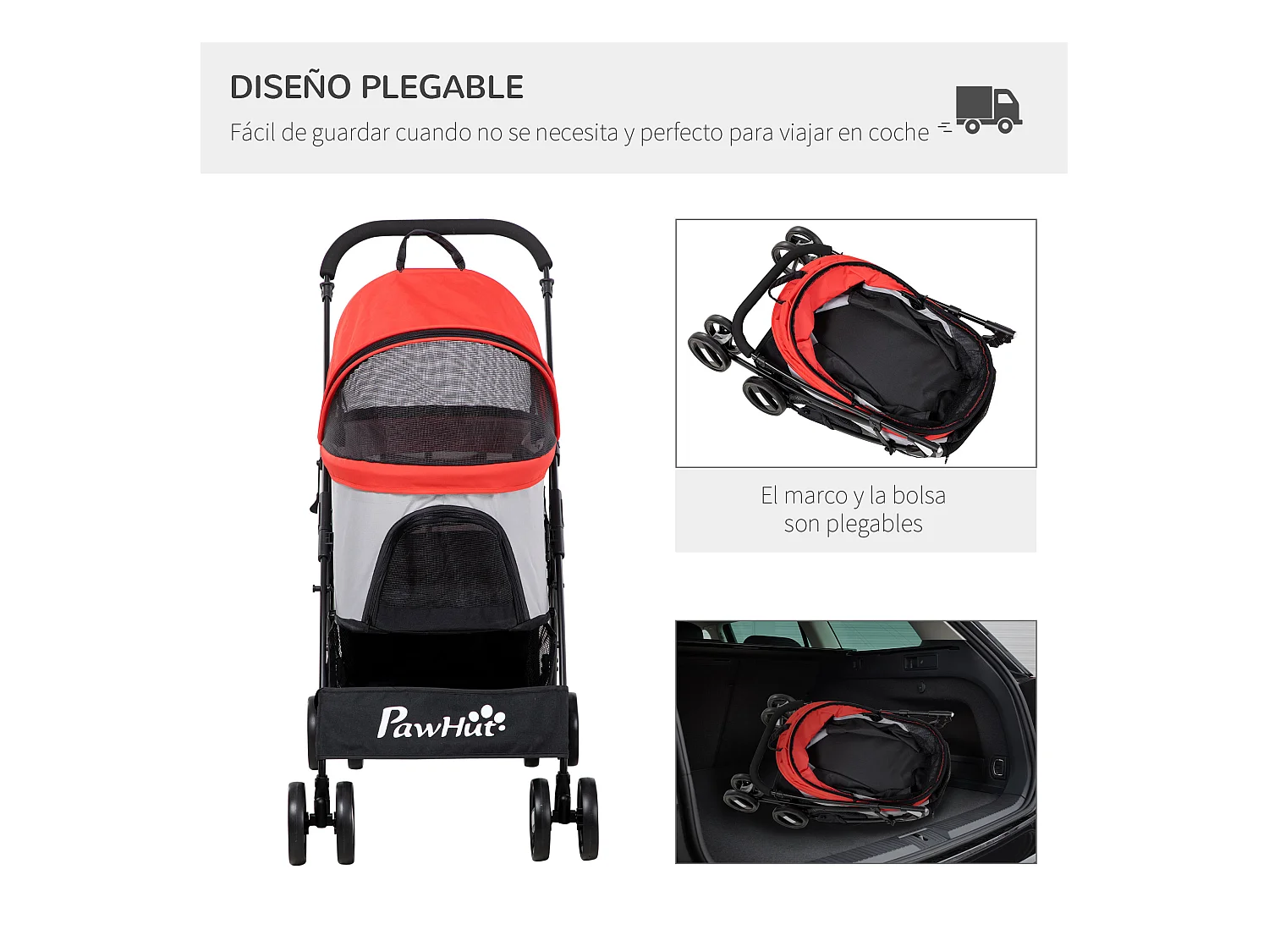 Cochecito para mascotas rojo 82x49.5x98 cm PawHut