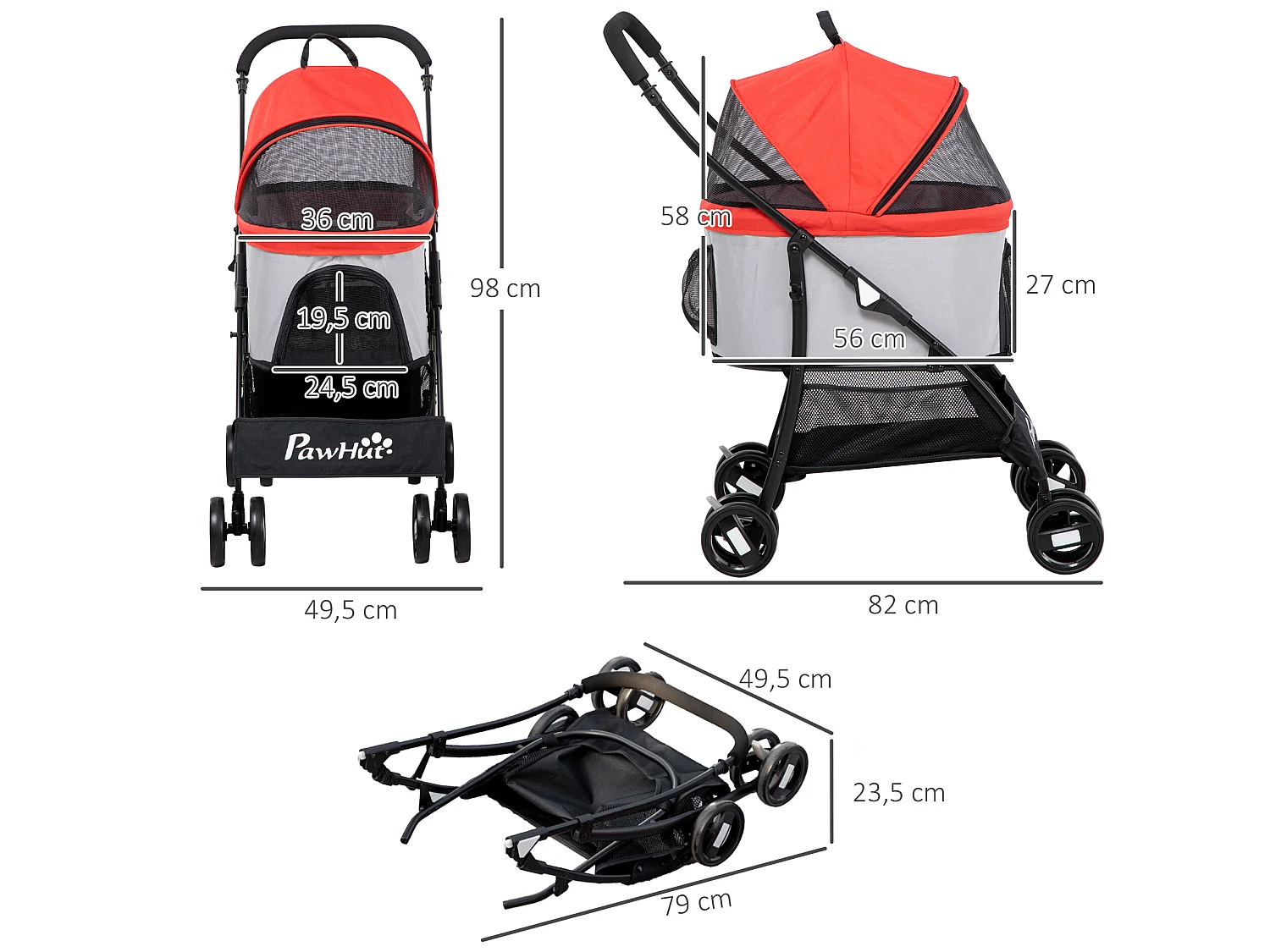 Cochecito para mascotas rojo 82x49.5x98 cm PawHut