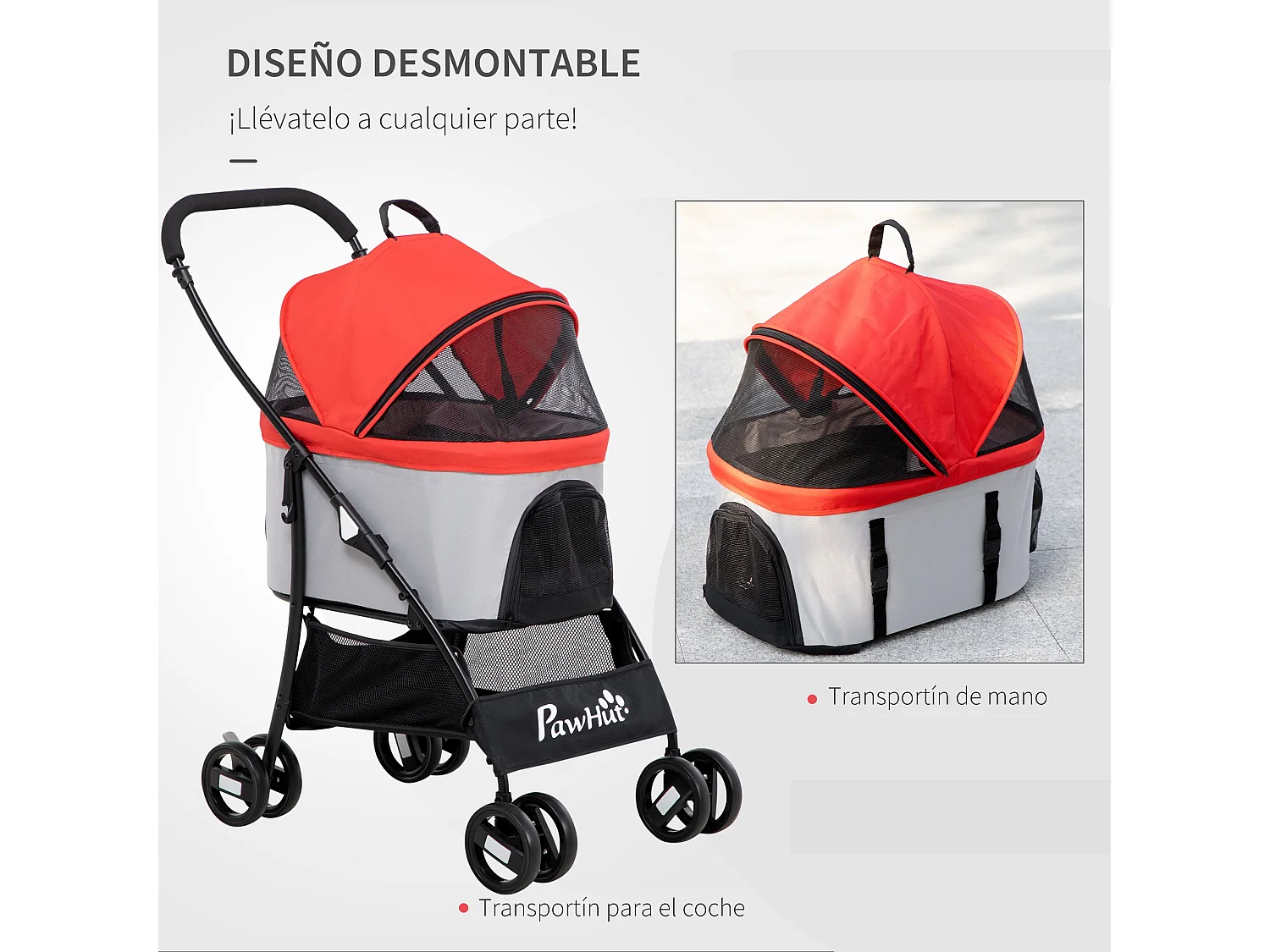 Cochecito para mascotas rojo 82x49.5x98 cm PawHut