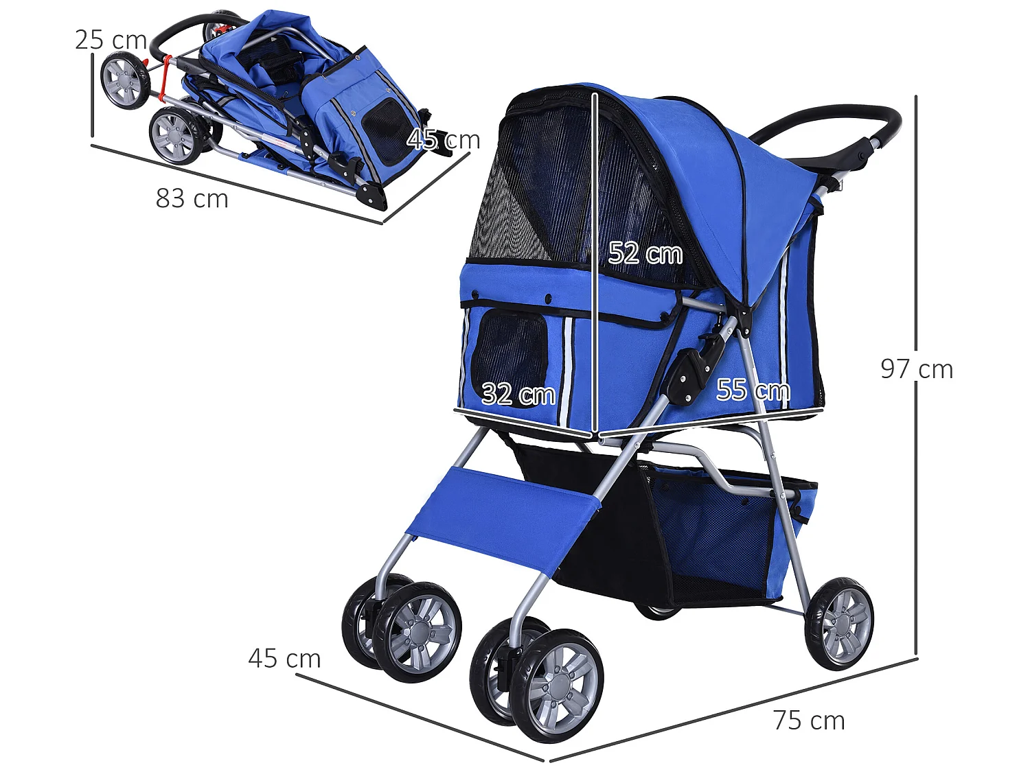 Cochecito para perro y gato azul 75x45x97 cm PawHut