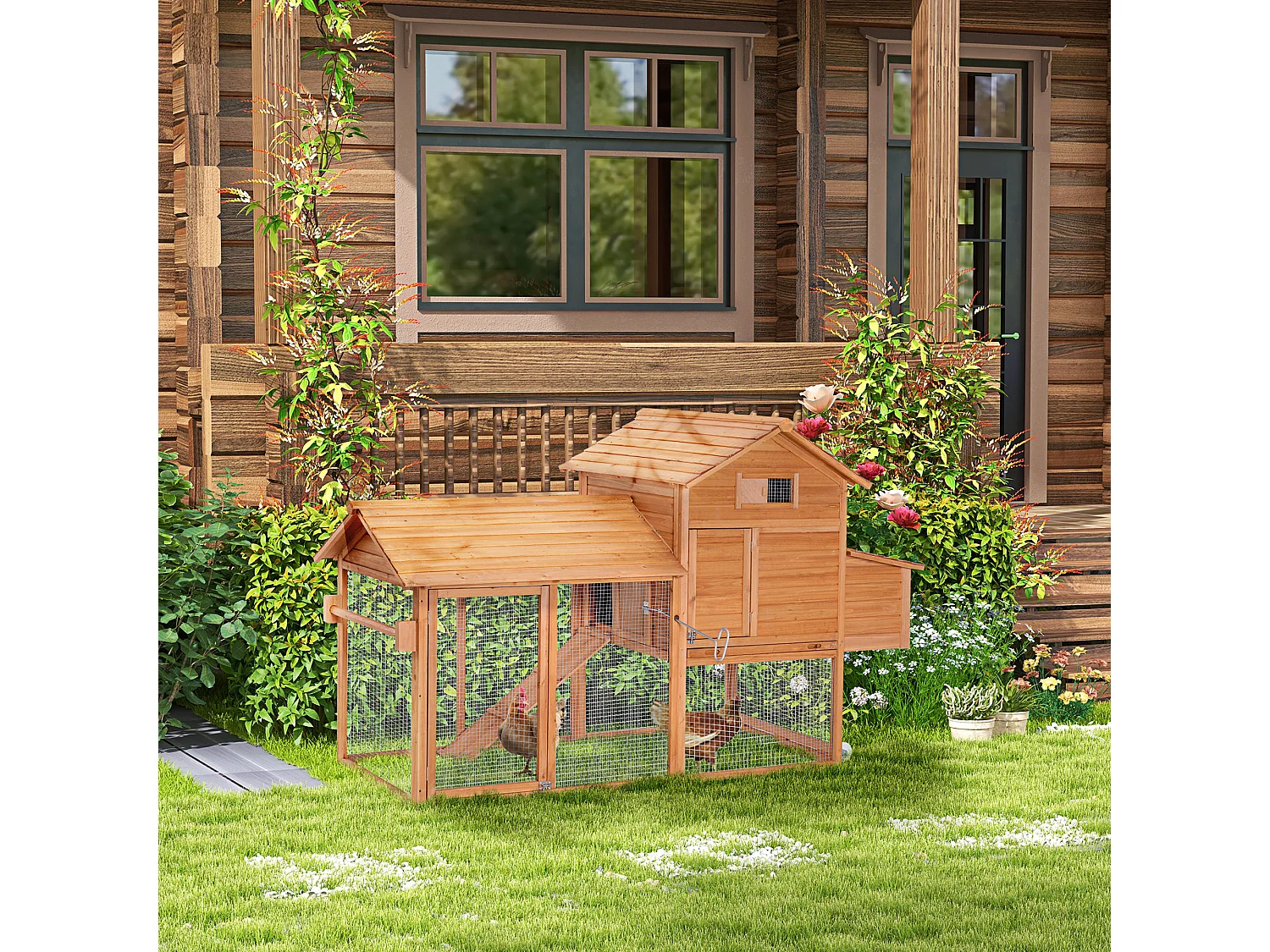 Gallinero de madera exterior madera natural 210x90x130 cm PawHut