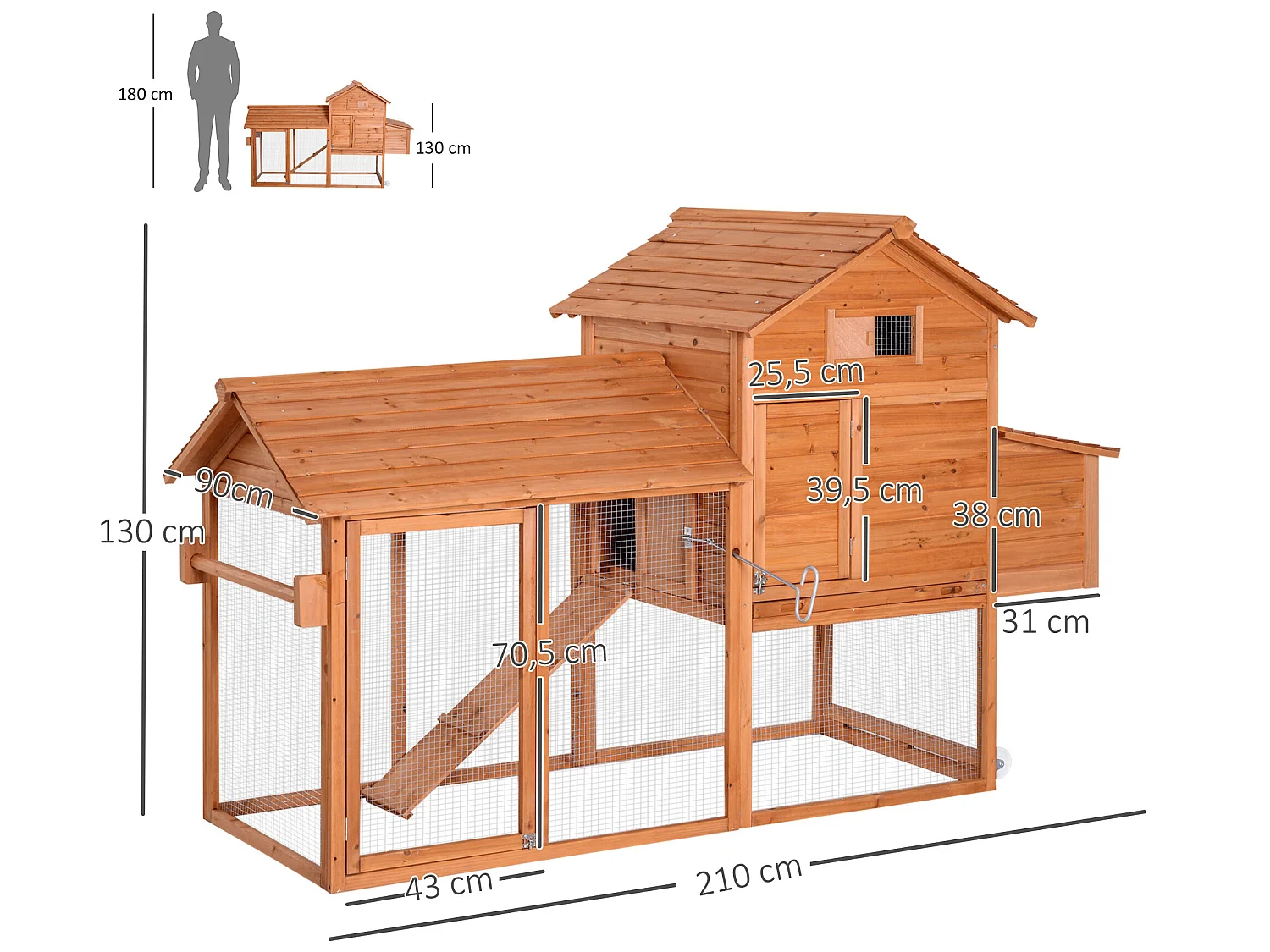 Gallinero de madera exterior madera natural 210x90x130 cm PawHut