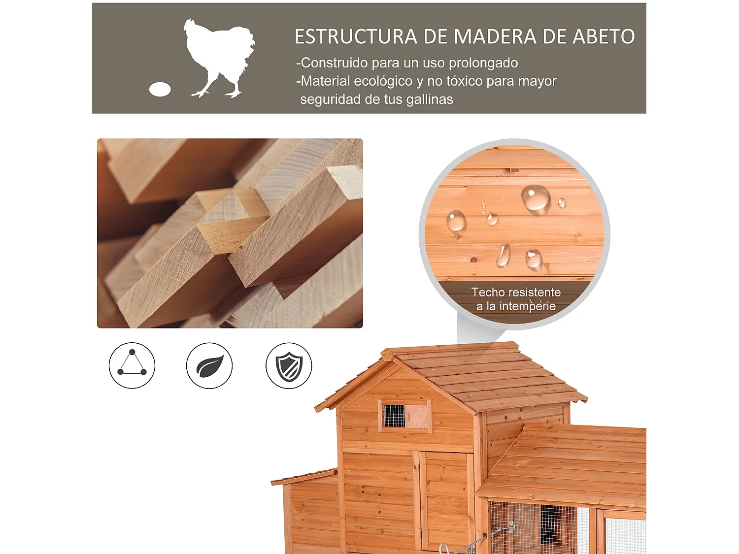 Gallinero de madera exterior madera natural 210x90x130 cm PawHut
