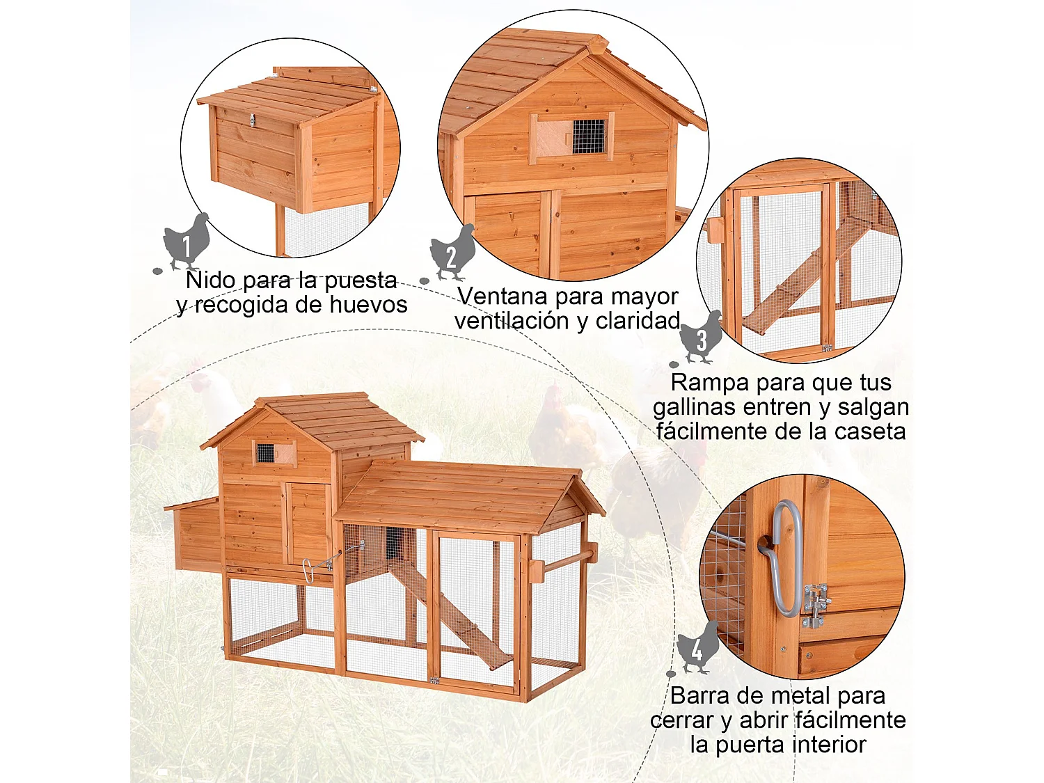 Gallinero de madera exterior madera natural 210x90x130 cm PawHut