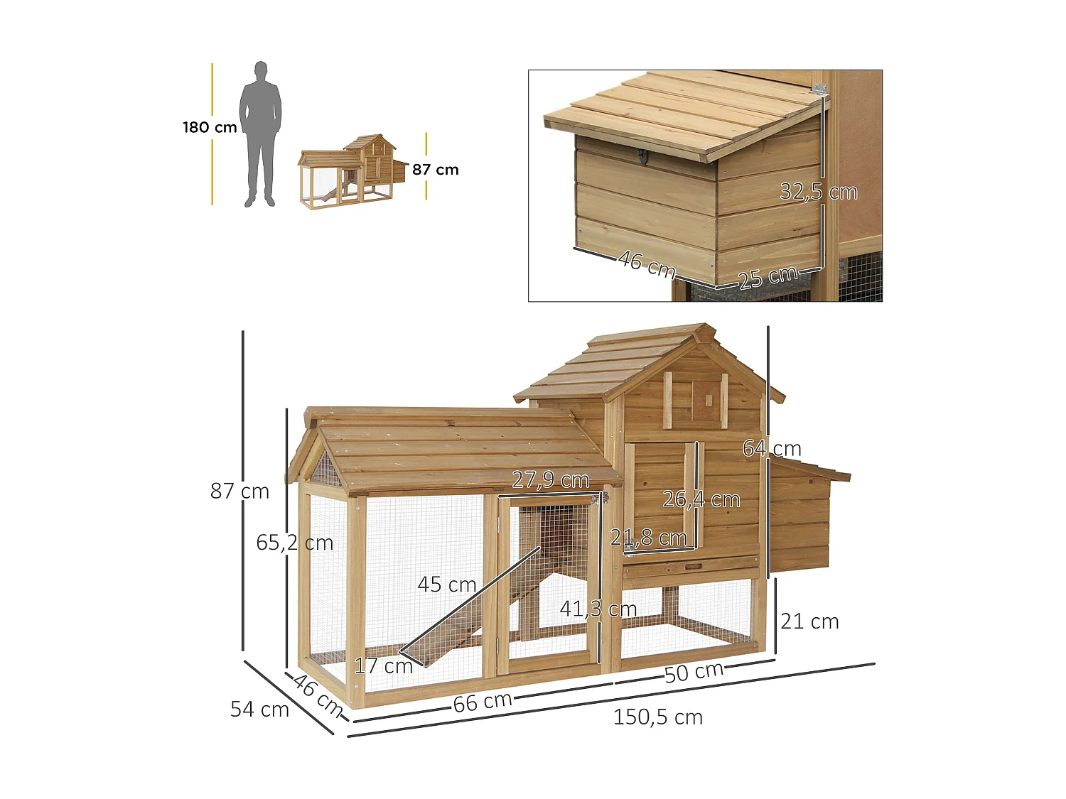 Gallinero de jardín madera natural 150.5x54x87 cm PawHut