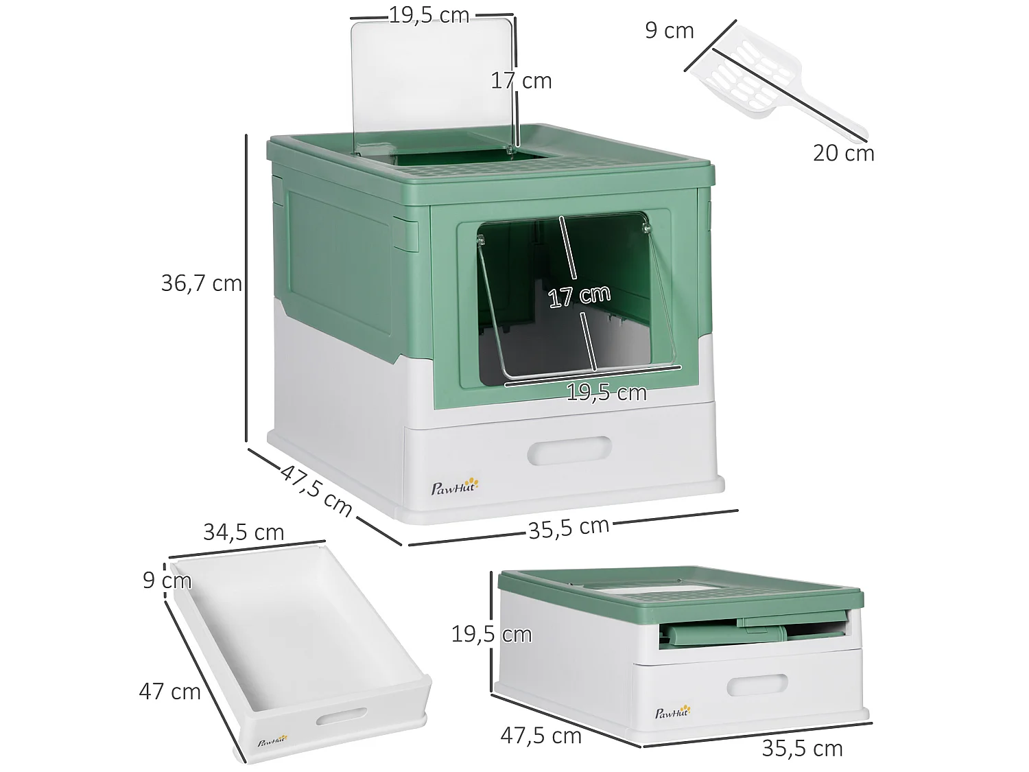 Arenero para gatos verde 47.5x35.5x36.7 cm PawHut