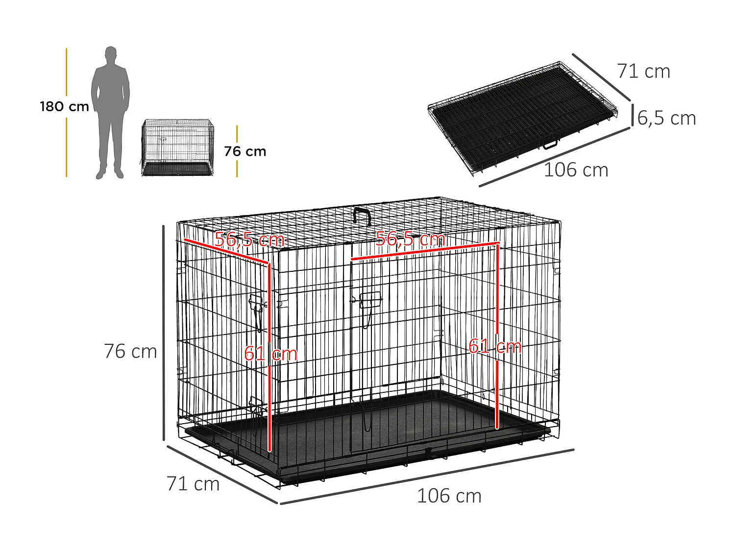 Jaula de perro negro 106x68x76 cm PawHut