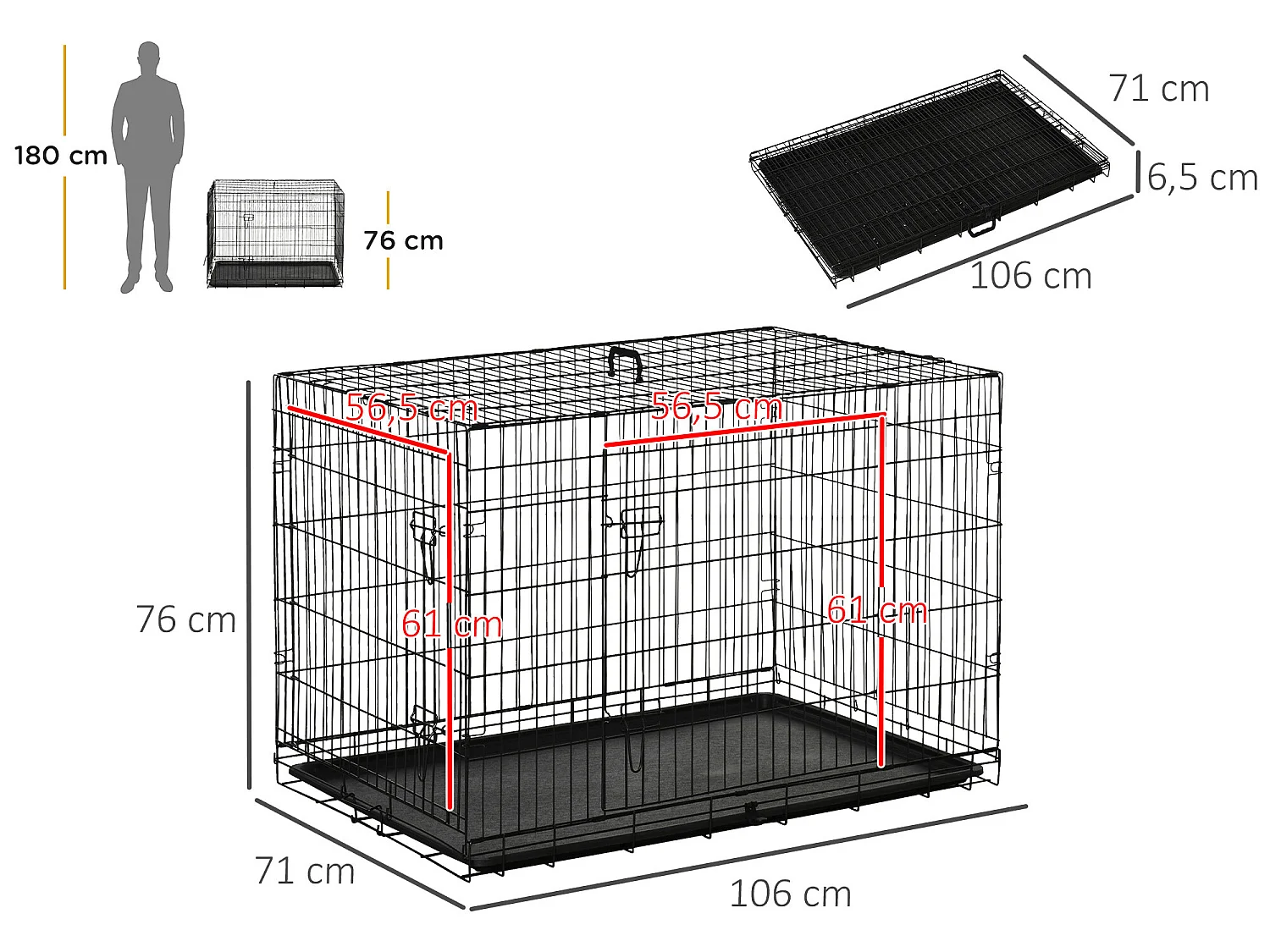 Jaula de perro negro 106x68x76 cm PawHut