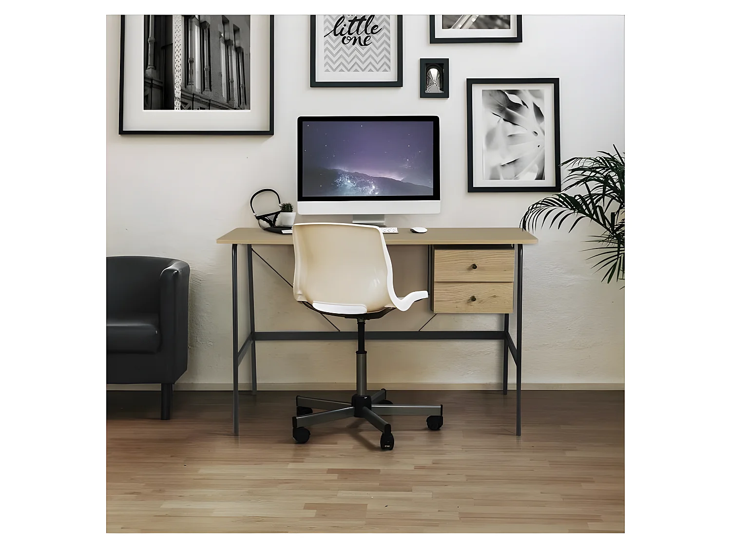 Bureau de travail 2 tiroirs en métal - Pieds noir - MENTOR