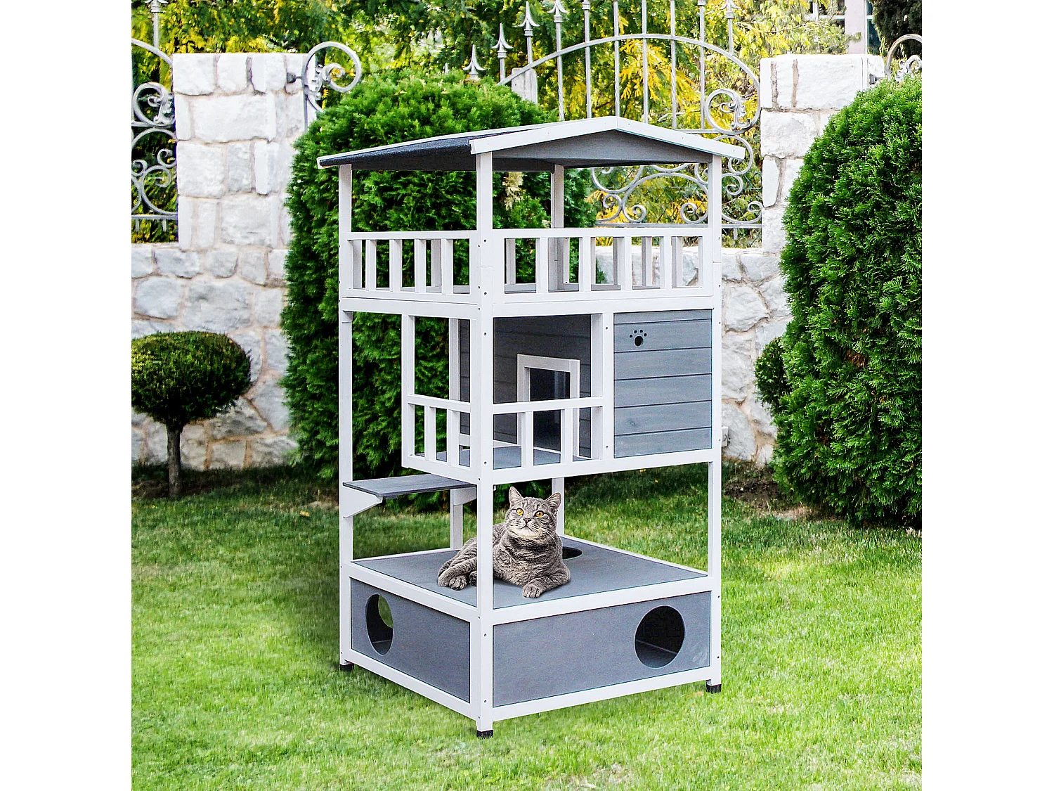 Caseta para gatos gris y blanco 75.5x75x137 cm PawHut