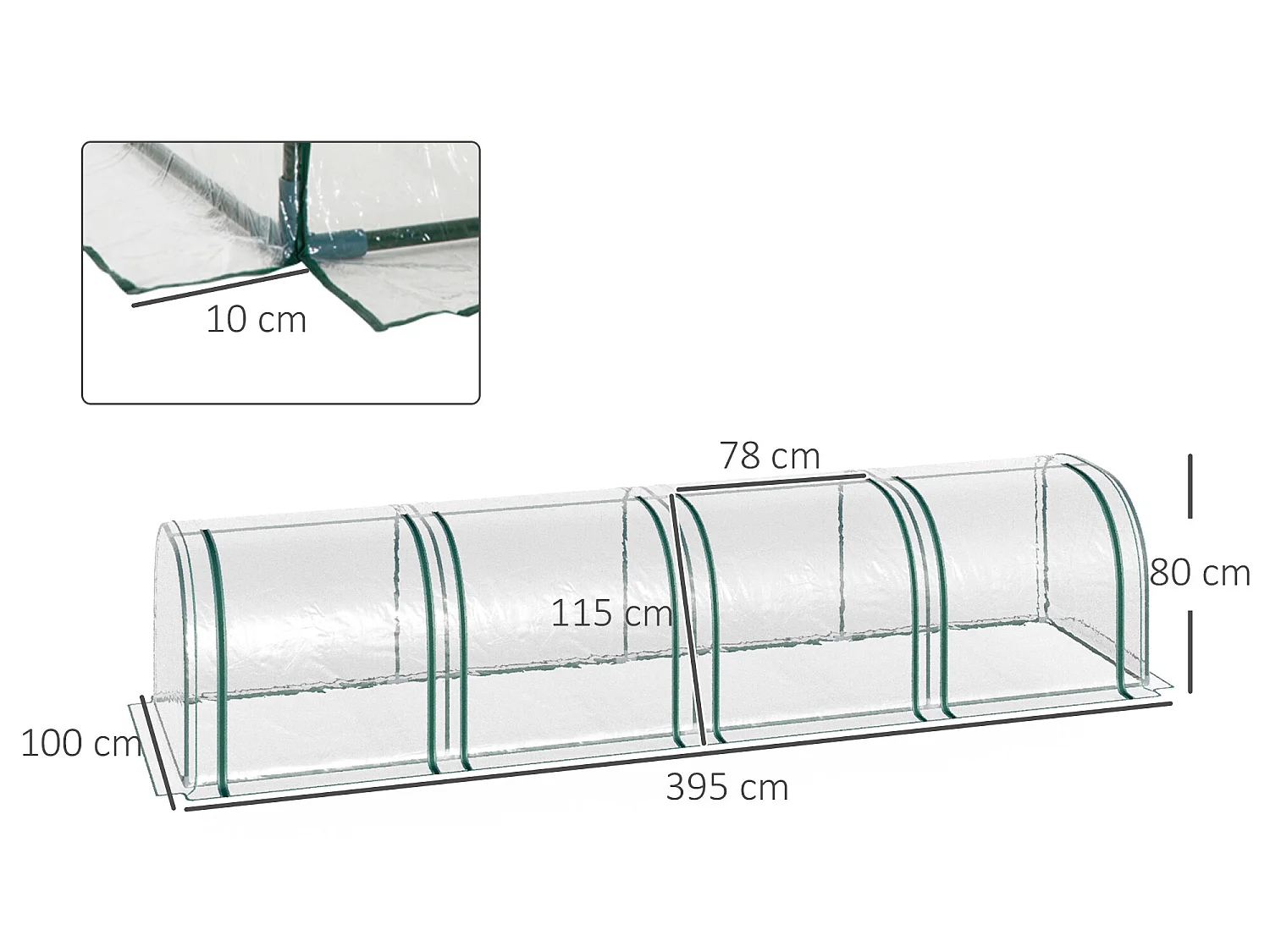 Invernadero de túnel transparente 395x100x80 cm Outsunny