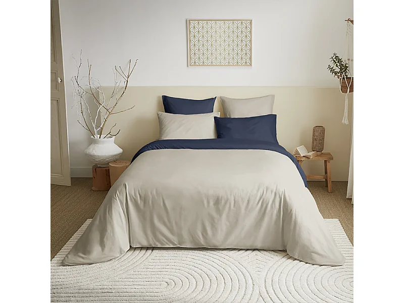 Pack complet 6 pièces Lin/Marine réversible housse de couette pour lit 160 x 200 cm