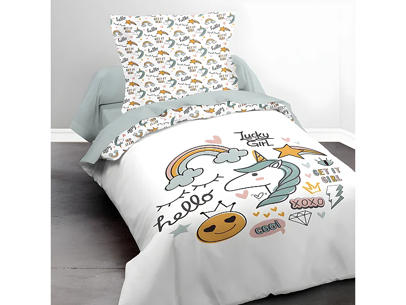 Parure de couette 140 x 200 "Lucky Girl" Réversible 100% Coton / 57 Fils/cm²