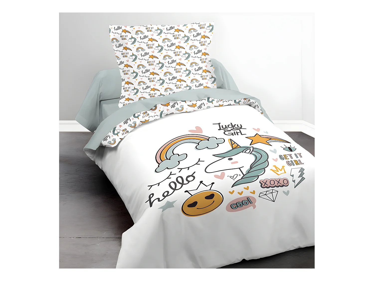 Parure de couette 140 x 200 "Lucky Girl" Réversible 100% Coton / 57 Fils/cm²