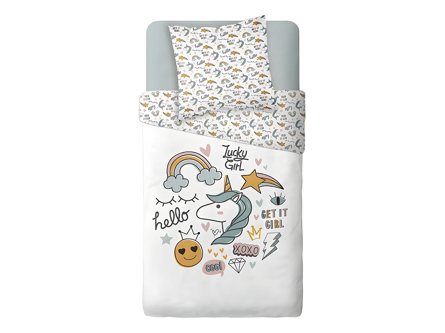 Parure de couette 140 x 200 "Lucky Girl" Réversible 100% Coton / 57 Fils/cm²