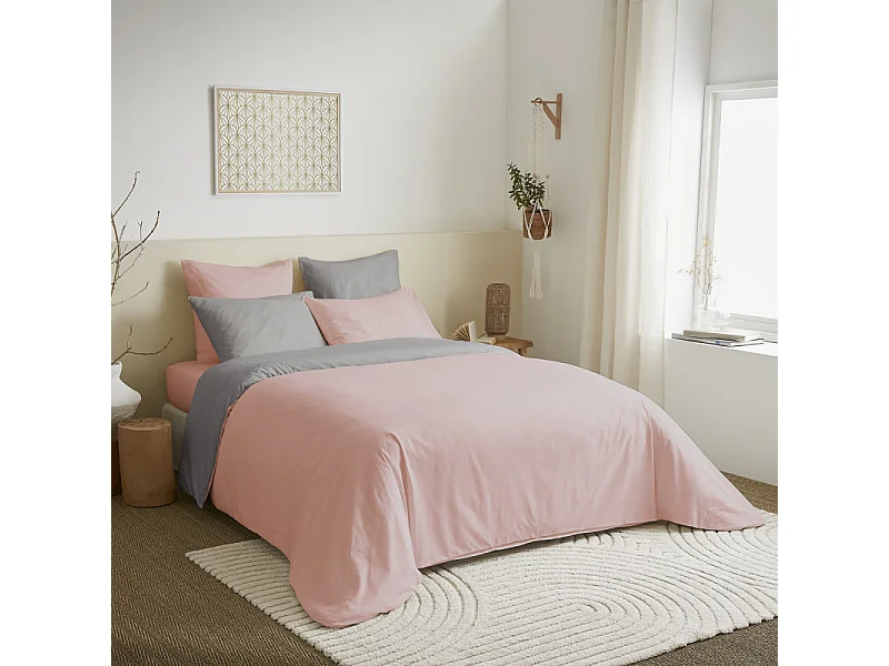 Pack complet 6 pièces Rose/Gris réversible housse de couette pour lit 160 x 200 cm