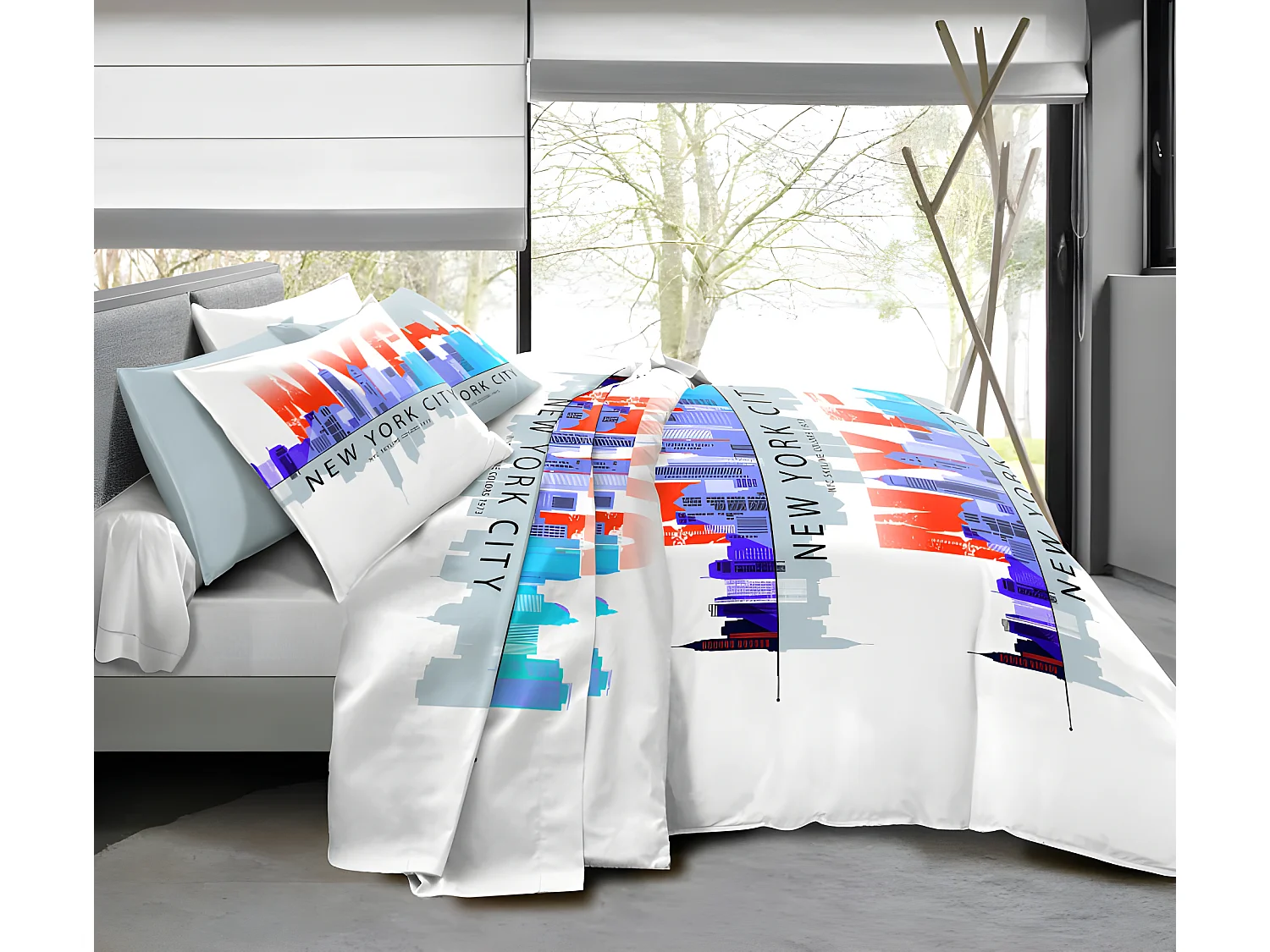 Pack Complet Ny Skyline Bleu Housse De Couette Pour Lit 160 X 200 Cm 100% Coton / 57 Fils/cm²