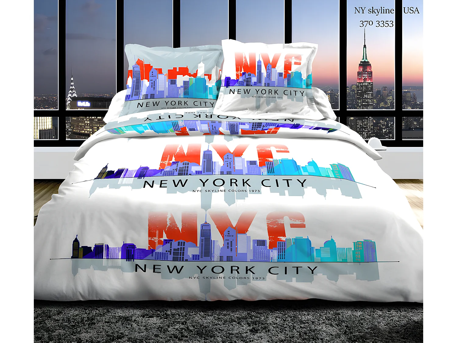 Pack Complet Ny Skyline Bleu Housse De Couette Pour Lit 160 X 200 Cm 100% Coton / 57 Fils/cm²