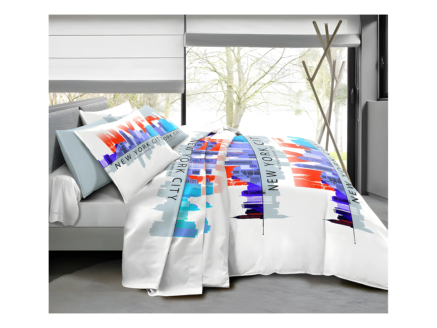 Pack Complet Ny Skyline Bleu Housse De Couette Pour Lit 160 X 200 Cm 100% Coton / 57 Fils/cm²