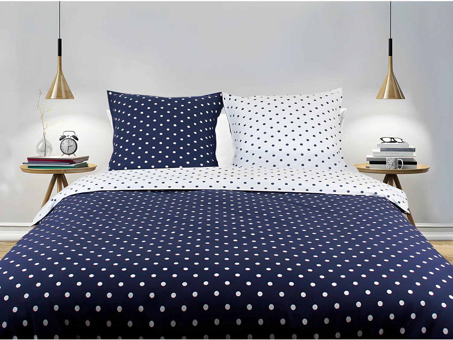 Parure De Couette Pois Bleu - 100% Coton / 57 Fils/cm² 140 X 200 Cm + 1 Taie 65 X 65 Cm
