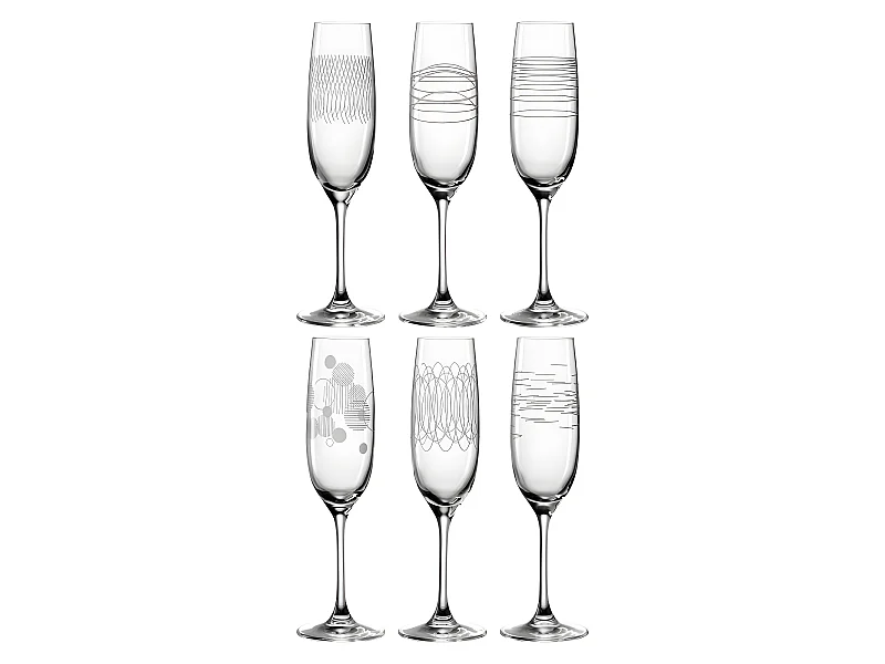 Lote de 6 vasos de champán grabadas 130ml vidrio transparente.