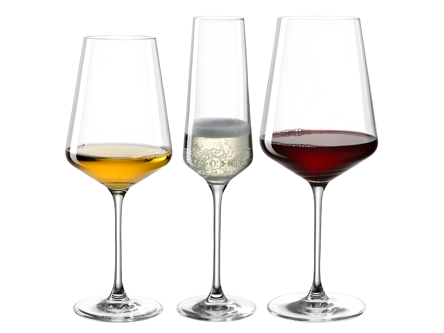 Lote de 12 vasos de vino y champán de vidrio transparente.