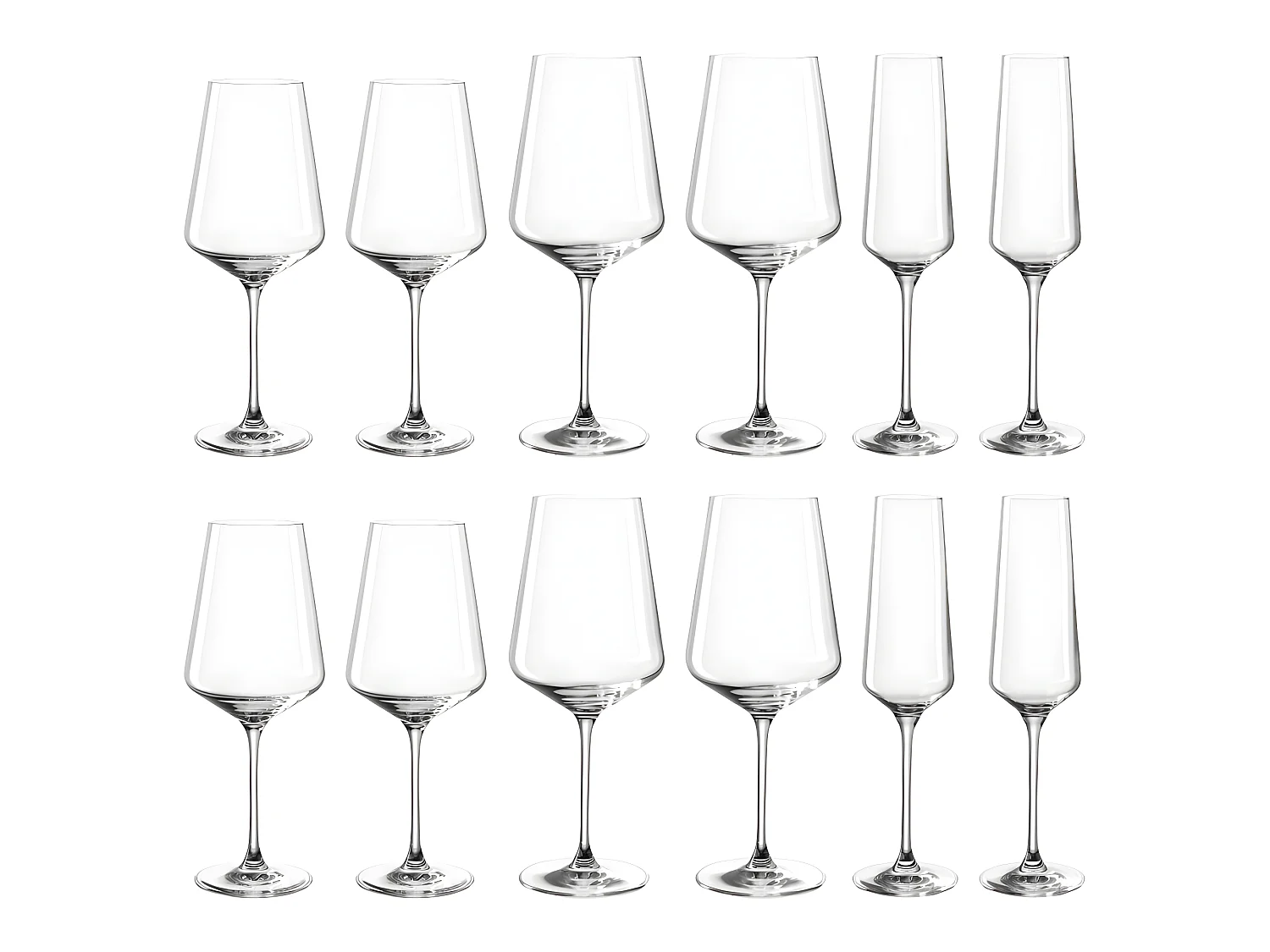 Lote de 12 vasos de vino y champán de vidrio transparente.