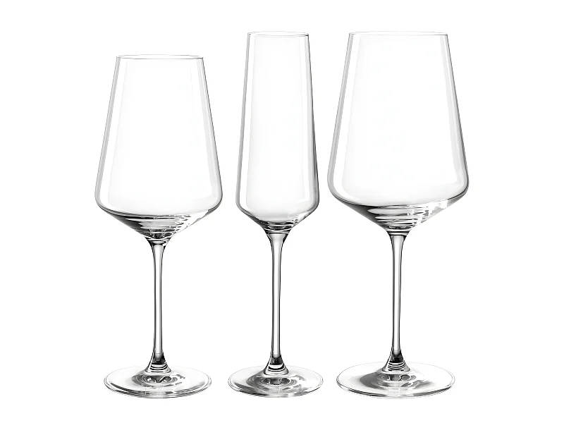 Lote de 12 vasos de vino y champán de vidrio transparente.