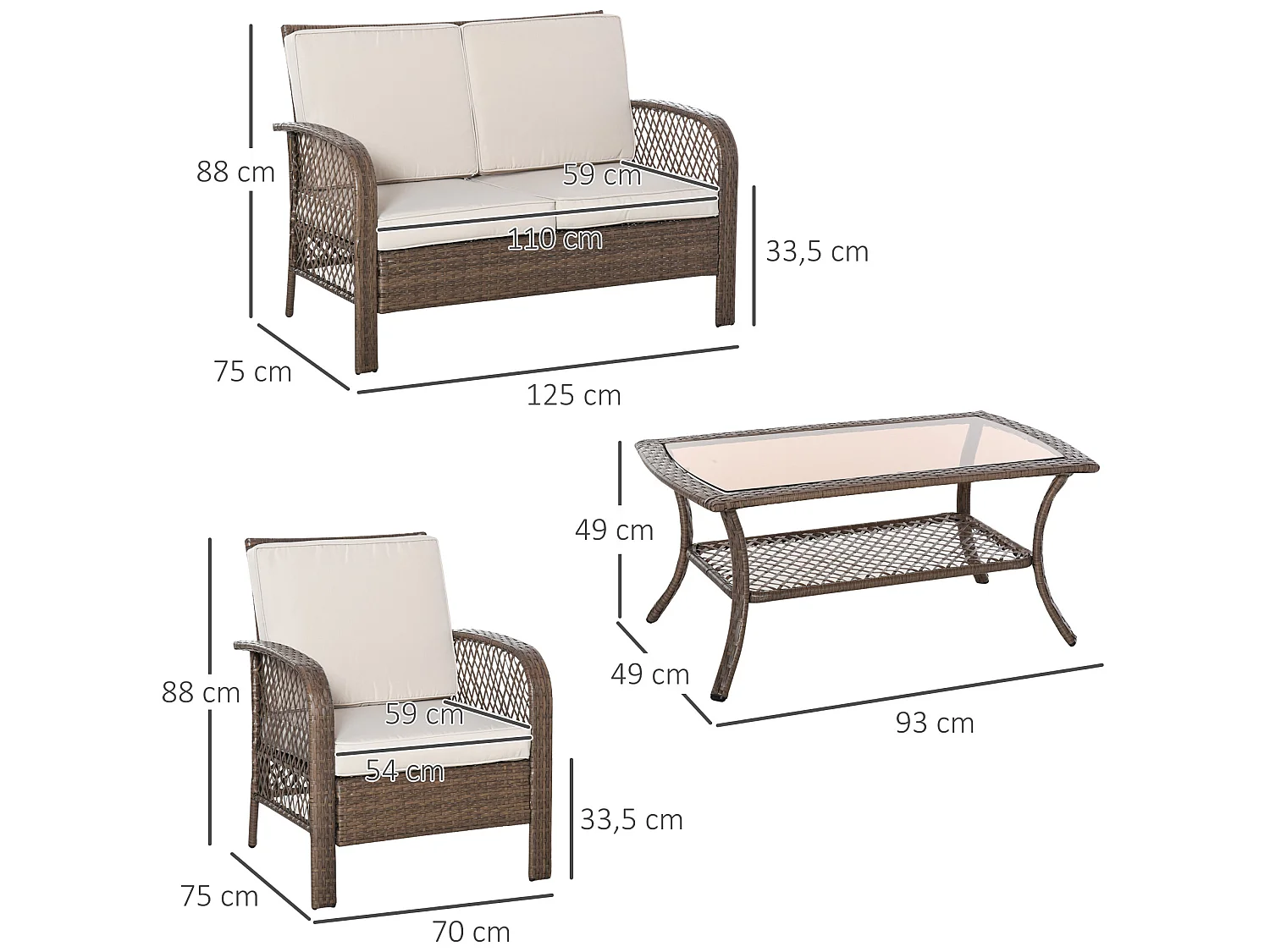 Muebles de jardín de ratán marrón 125x75x88 cm Outsunny