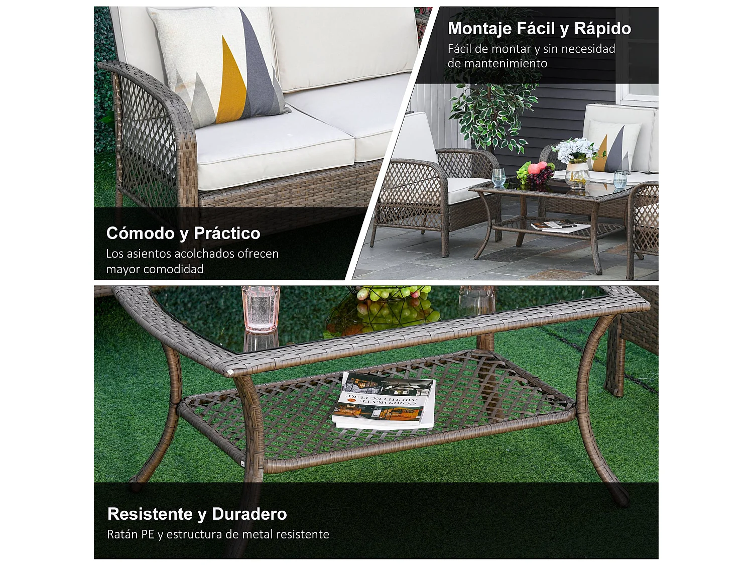 Muebles de jardín de ratán marrón 125x75x88 cm Outsunny