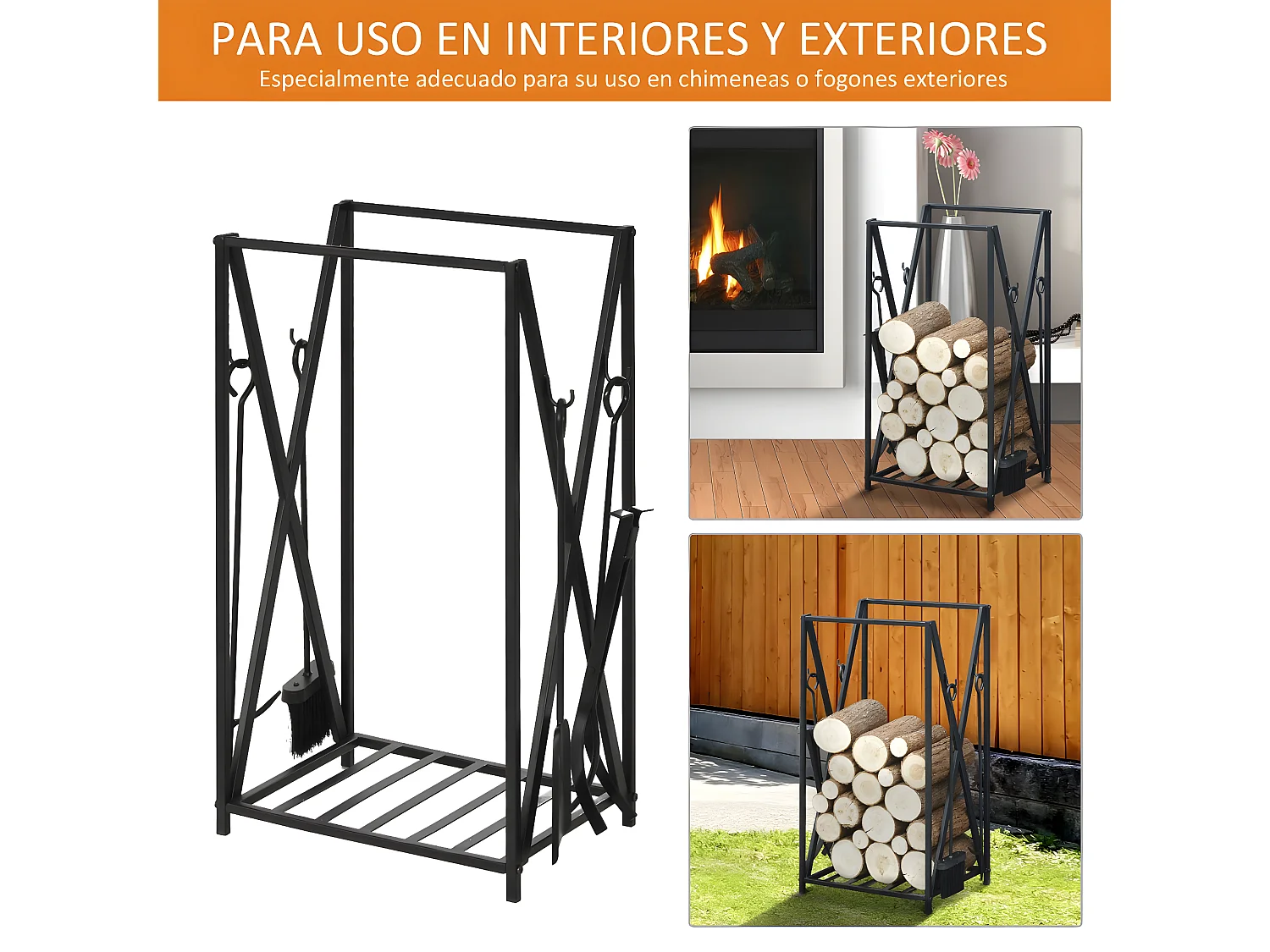 Estante para leña negro 46x30x76 cm HOMCOM